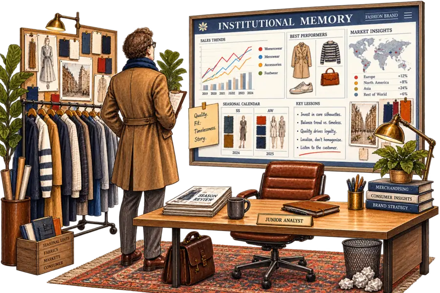 An empty junior analyst's desk in front of a glowing wall dashboard hand-lettered 'Institutional Memory', with a senior merchandiser studying the screen.