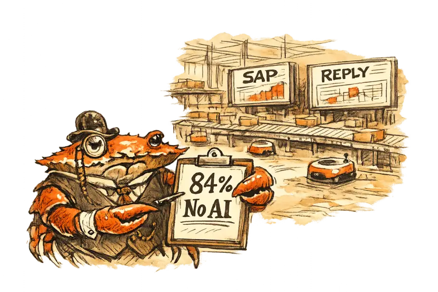 A Victorian crab in a waistcoat inspects an 84 percent survey clipboard while a Brazilian retail warehouse runs automated operations behind him