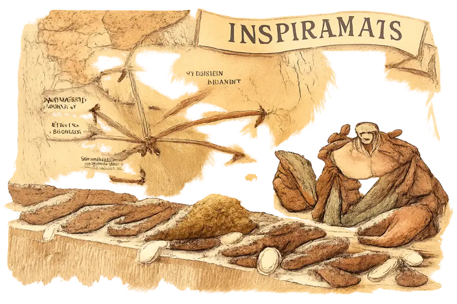 A São Paulo materials-fair table spread with Brazilian leather and Amazon plant-fibre swatches; behind it a map of the Americas shows arrows from seven countries converging on São Paulo while an old arrow to Milan is crossed out.