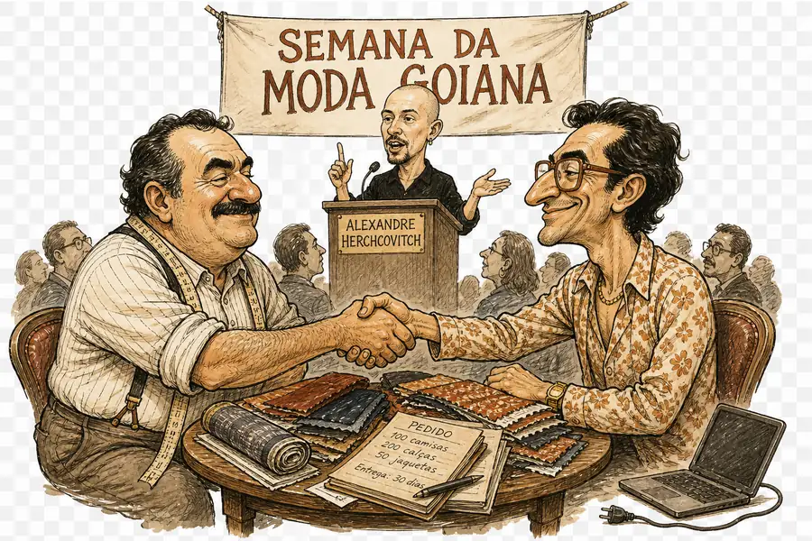 Caricature of designer Alexandre Herchcovitch speaking at a podium under a hand-lettered Semana da Moda Goiana banner, while in the foreground a manufacturer and a buyer shake hands over an order pad at a table stacked with fabric swatches
