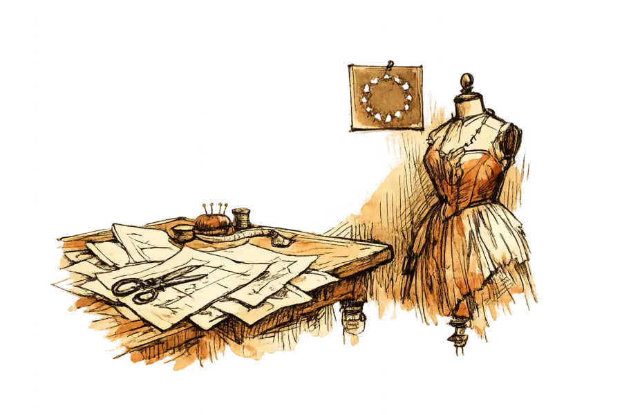 A tailor's workbench with paper patterns scattered across it, a dress on a mannequin, and an EU flag pinned to the wall of an Amsterdam atelier.