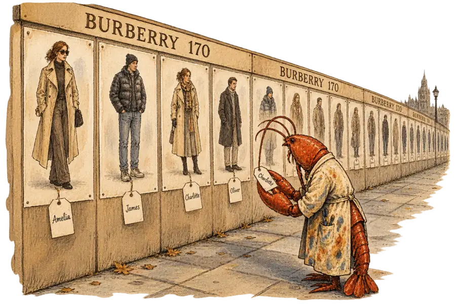 A lobster in a paint-stained smock lifts a handwritten name tag beneath one of hundreds of small street portraits of people in trench coats pasted along a hoarding lettered Burberry 170.