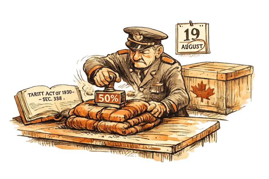 A customs inspector stamping 50% onto a folded winter parka beside an open 1930 law book turned to Section 338, with a maple-leaf shipping crate behind