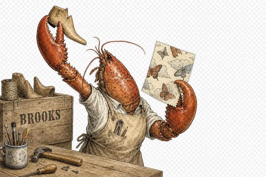 A lobster in a workshop apron holds a wooden shoe last in one claw and a butterfly-printed swatch in the other, weighing them against each other.