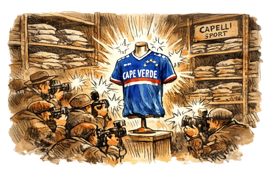 A spotlit Cape Verde jersey mobbed by press photographers while shadowed warehouse racks of plain Capelli Sport amateur-club kit stand ignored behind them.