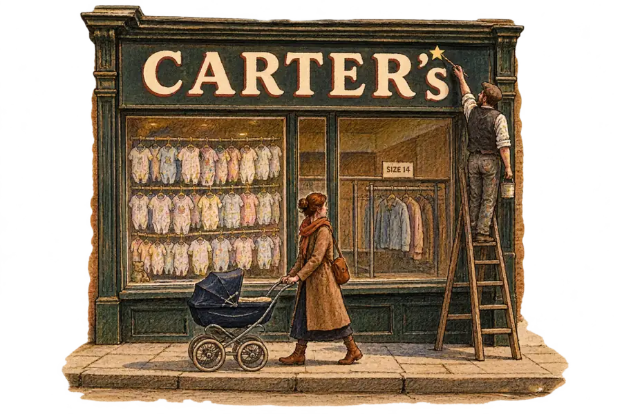 A sign painter on a ladder painting a shooting star over the apostrophe of a large hand-lettered CARTER'S shopfront sign, while a single pram passes on the pavement below.
