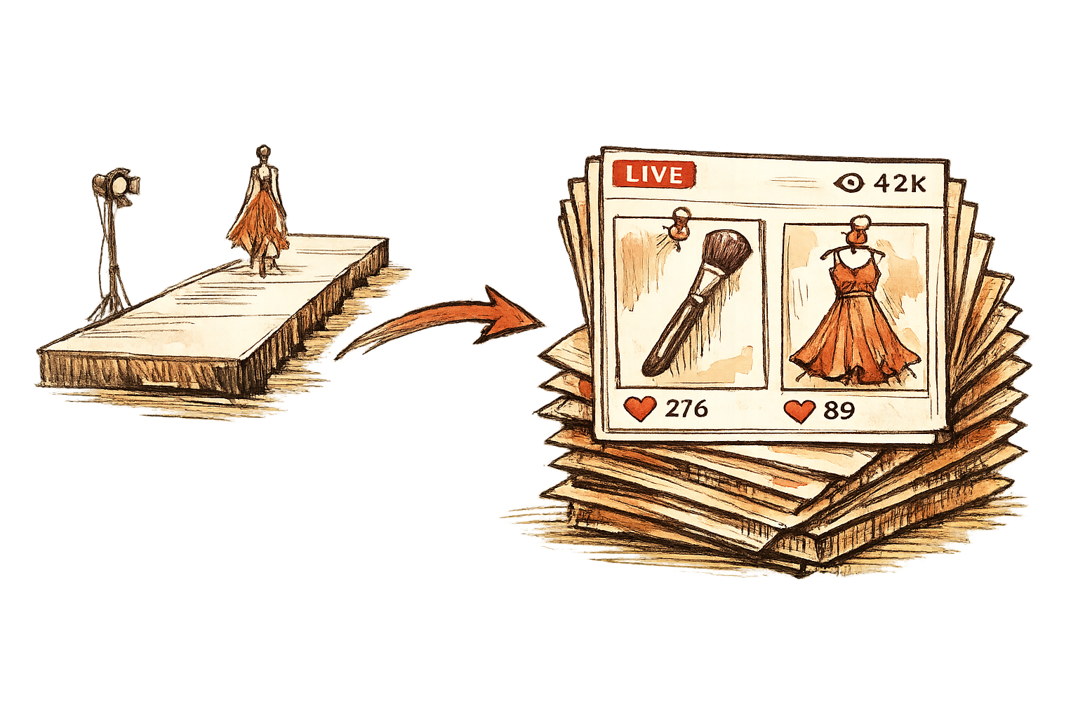 An editorial diagram of a runway transforming into stacked marketplace cards, with one beauty tool and one dress pinned to a live feed interface. Medium distance, off-center composition, clinical mood.