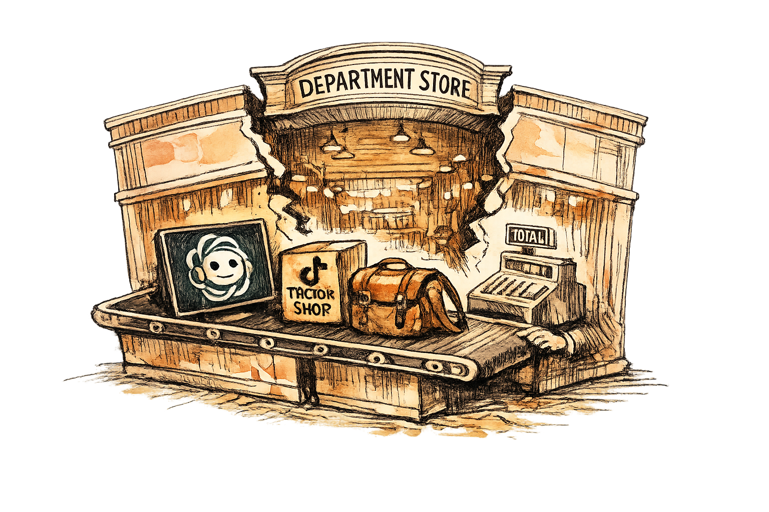 A department store facade split open to reveal ChatGPT, TikTok Shop, and a courier bag feeding into the same checkout conveyor. Street-level view, subject centered slightly right, contemplative mood.