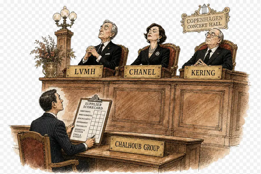 A tiered conference dais with LVMH, Chanel and Kering nameplates on the upper row and Chalhoub Group alone on the row below, holding a mostly blank supplier scorecard.