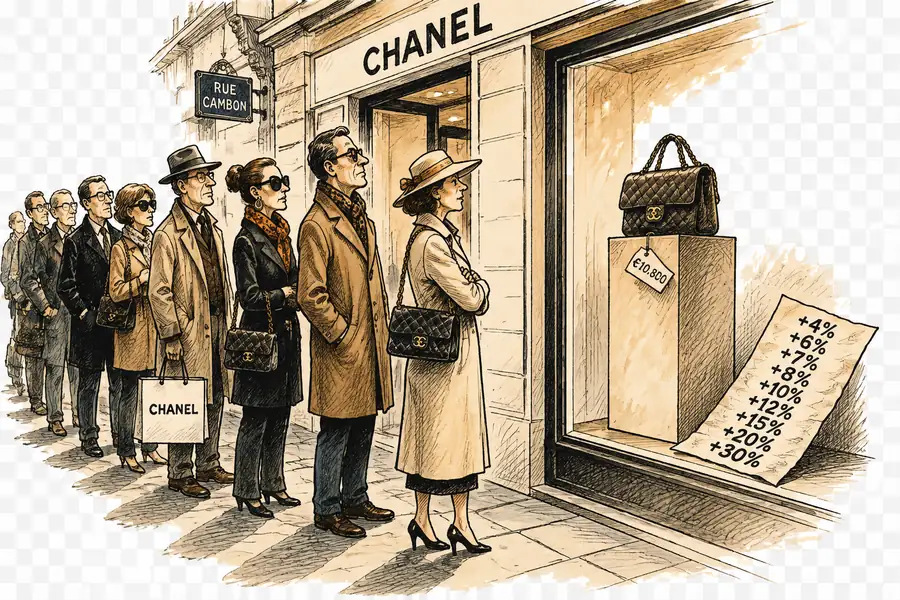 A queue outside a Chanel boutique window holding a single quilted handbag on a plinth, with a small plain price tag on it and a large crumpled tag of stacked percentages discarded on the floor.