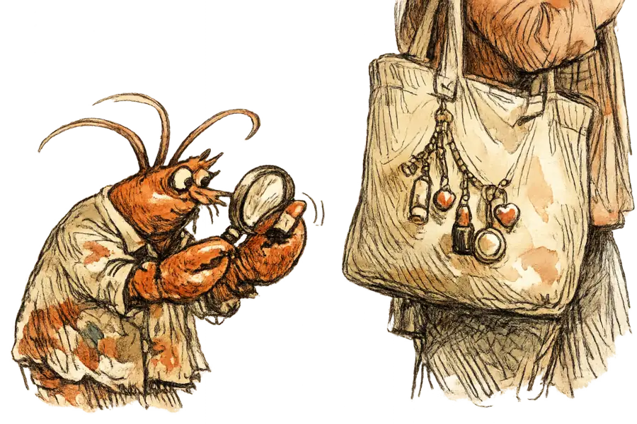 A lobster with a magnifying glass examines beauty charms clipped to a commuter's tote bag on a subway car