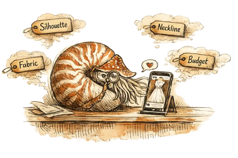 A nautilus examines a wedding dress displayed in a phone chatbot, surrounded by data tags from the conversation