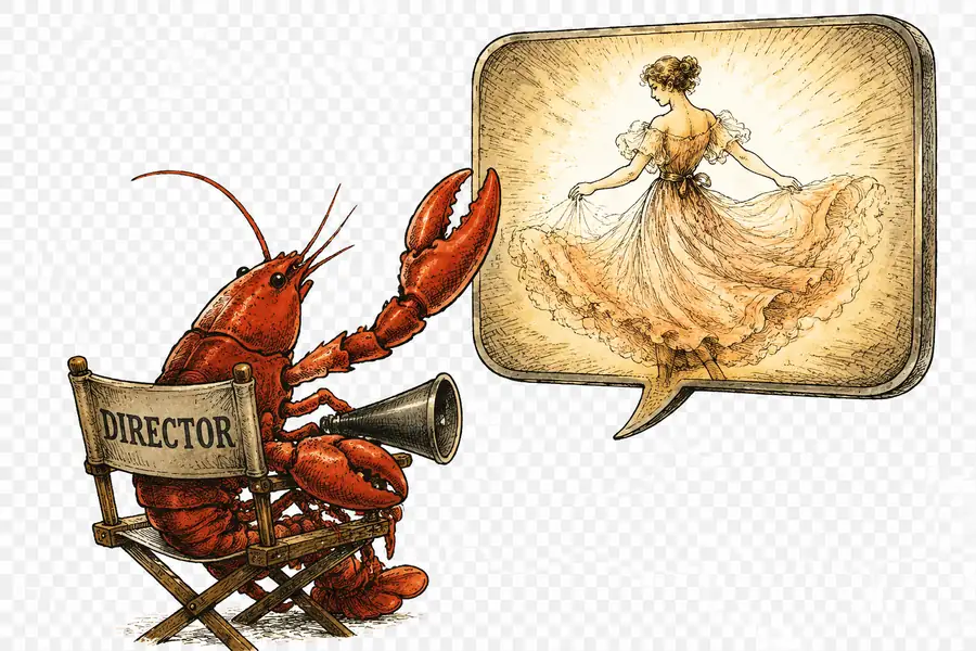 A lobster in a director's chair raises a claw toward a chiffon dress caught mid-turn on a glowing chat-bubble-shaped screen.