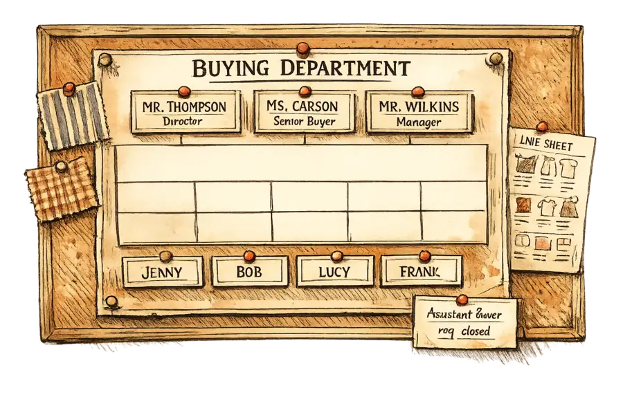 A hand-lettered org chart on a corkboard with the top and bottom rows filled in and the entire middle band of boxes left blank, beside a pinned card reading 'Assistant Buyer, req. closed'.