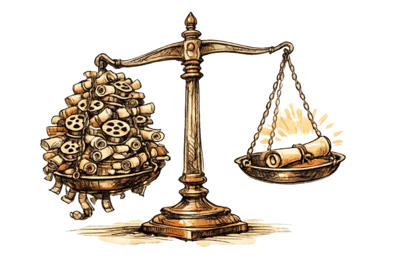 A pair of scales: one side overflowing with hundreds of miniature film reels and scrolls stacked precariously, the other side holding a single illuminated scroll. Clinical mood, center composition slightly off-axis.