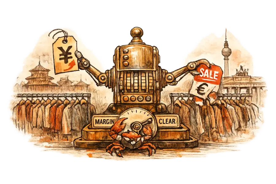 A single pricing machine with two arms: one raising a price tag over a clothing rack under the Beijing skyline, the other pressing a red markdown sticker onto a rack under the Berlin skyline, a waistcoated crab turning a dial marked MARGIN and CLEAR.