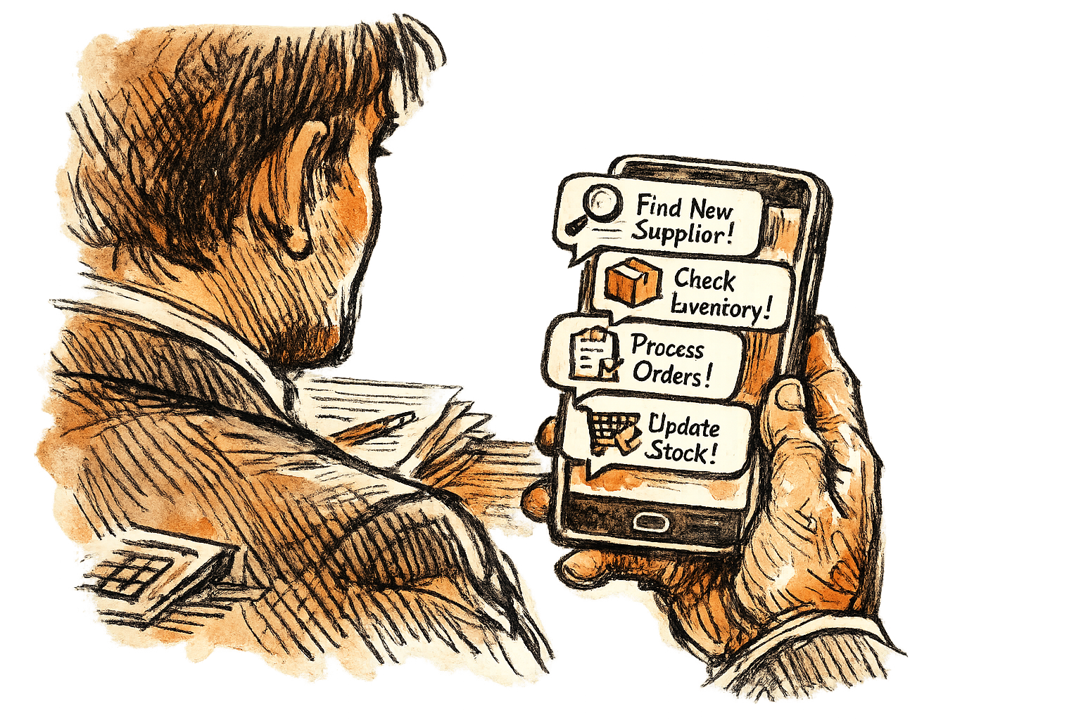 An office worker’s phone displays multiple chat threads that trigger product sourcing, inventory checks, and order tasks across commerce apps. Composition close-up from over the shoulder, phone at center-right, clinical mood.