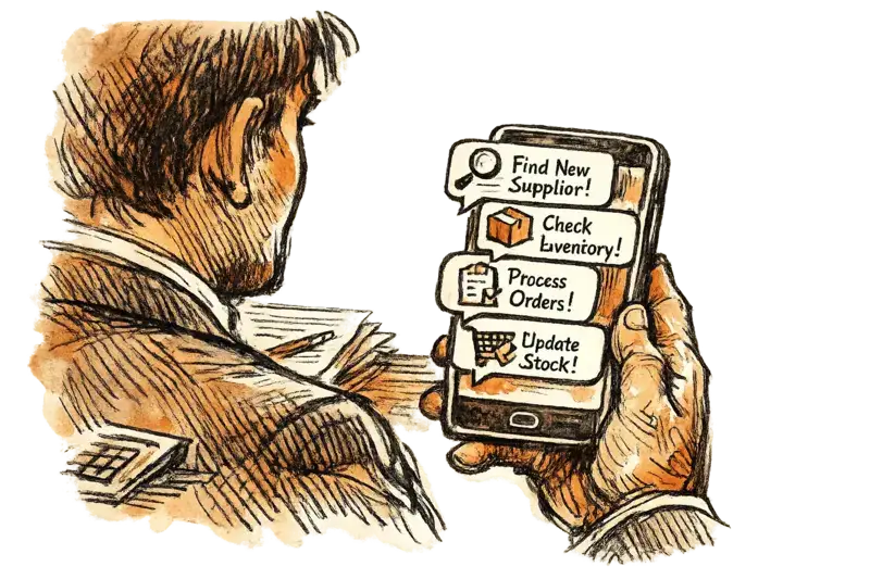 An office worker’s phone displays multiple chat threads that trigger product sourcing, inventory checks, and order tasks across commerce apps. Composition close-up from over the shoulder, phone at center-right, clinical mood.