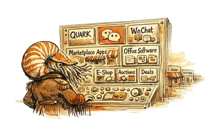 A nautilus strategist studies a wall of Chinese shopping, messaging, and AI assistant app icons while brand storefronts recede into the background.