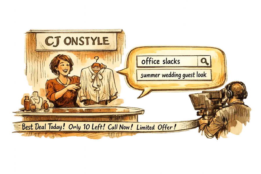 A TV home-shopping presenter's on-screen product caption being retyped into a glowing ChatGPT search bubble, beneath a hand-lettered CJ ONSTYLE sign.