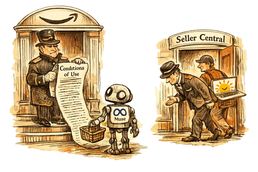 A small robot shopper wearing a Meta Muse badge is stopped at an Amazon doorway by a long Conditions of Use scroll, while a seller carrying a laptop that shows the Claude logo is waved through a side entrance marked Seller Central.