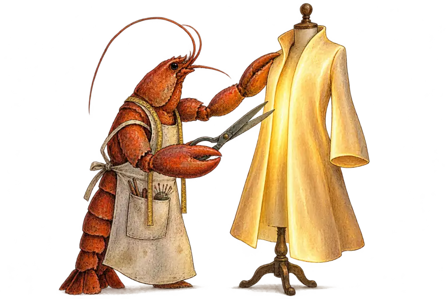 A lobster in a tailor's apron holds open shears beside a dress form wearing a coat made of light with no seams to cut