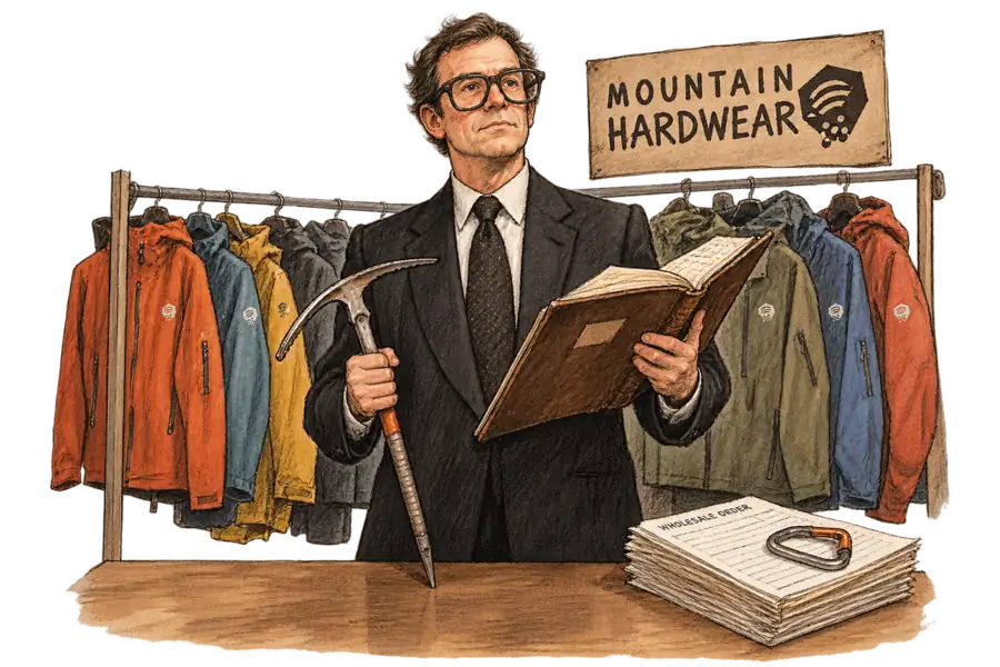 A caricature of Peter Rauch in a dark suit holding an open ledger in one hand and an ice axe awkwardly in the other, standing before a rail of Mountain Hardwear shell jackets.
