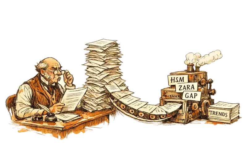 Sir John Crabstone studies a stack of retailer questionnaires as they funnel into a single machine labeled for shared compliance.