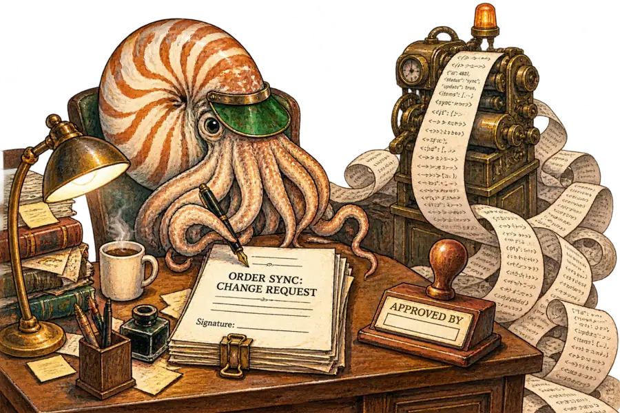 A nautilus in a clerk's eyeshade holds a pen above the blank signature line of a change request headed 'ORDER SYNC', while a brass machine behind it pours an unbroken ribbon of printed code across the floor.
