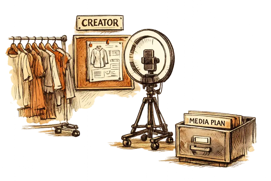 A creator's ring light and phone tripod set up inside a product development room, with sample garments on a rail, a tech pack pinned to a corkboard bearing the creator's hand-lettered name, and an open empty filing drawer labelled MEDIA PLAN in the foreground.