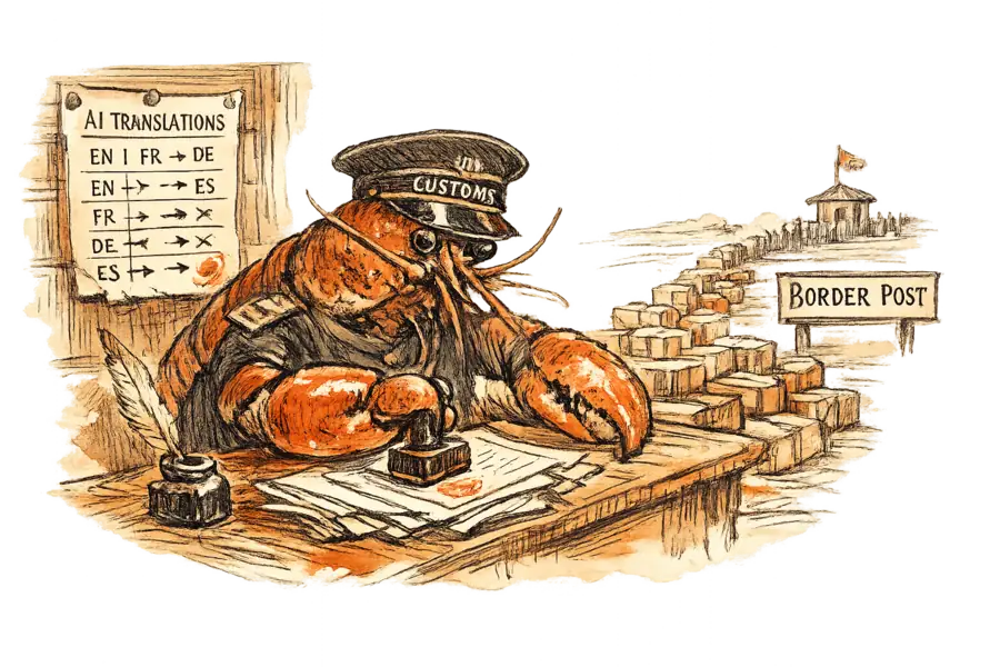 A nautilus examines multilingual shipping labels while size charts and return forms lie scattered below