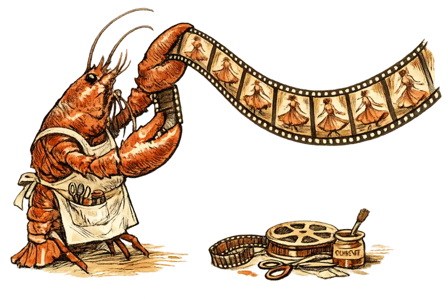 A lobster in a film editor's apron holds a strip of film up to the light, each frame showing the same dress mid-turn.