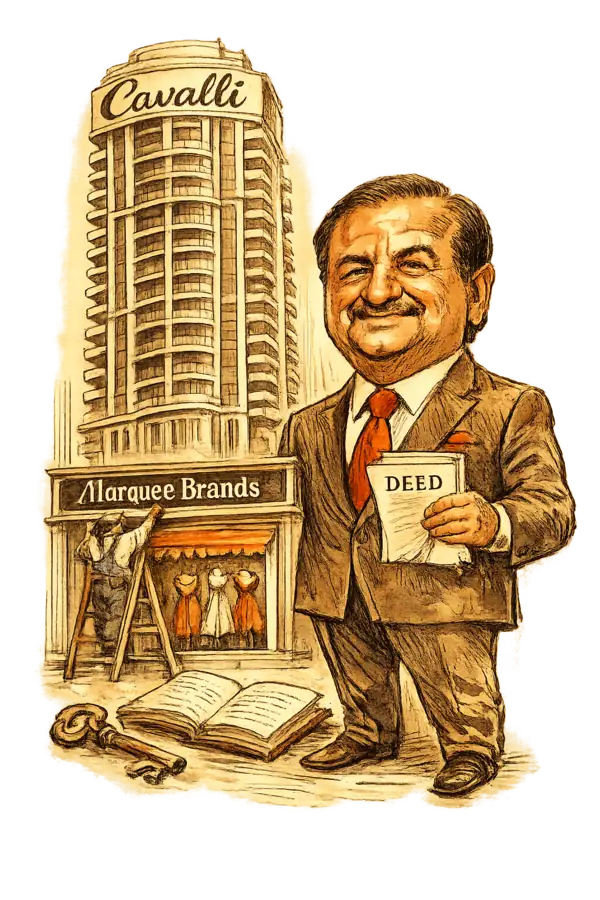 Hussain Sajwani holding a property deed in front of a Cavalli-branded Dubai tower while a workman relabels a small Cavalli boutique with a Marquee Brands sign.