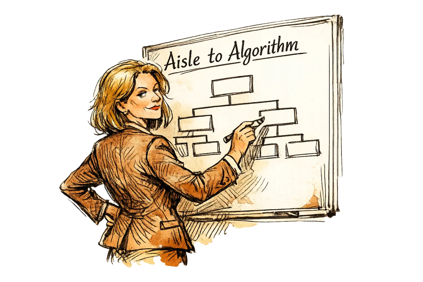 Kelly Cook à un tableau blanc en train d'esquisser des cases d'organigramme, les mots "Aisle to Algorithm" inscrits au-dessus, caricature en plan moyen