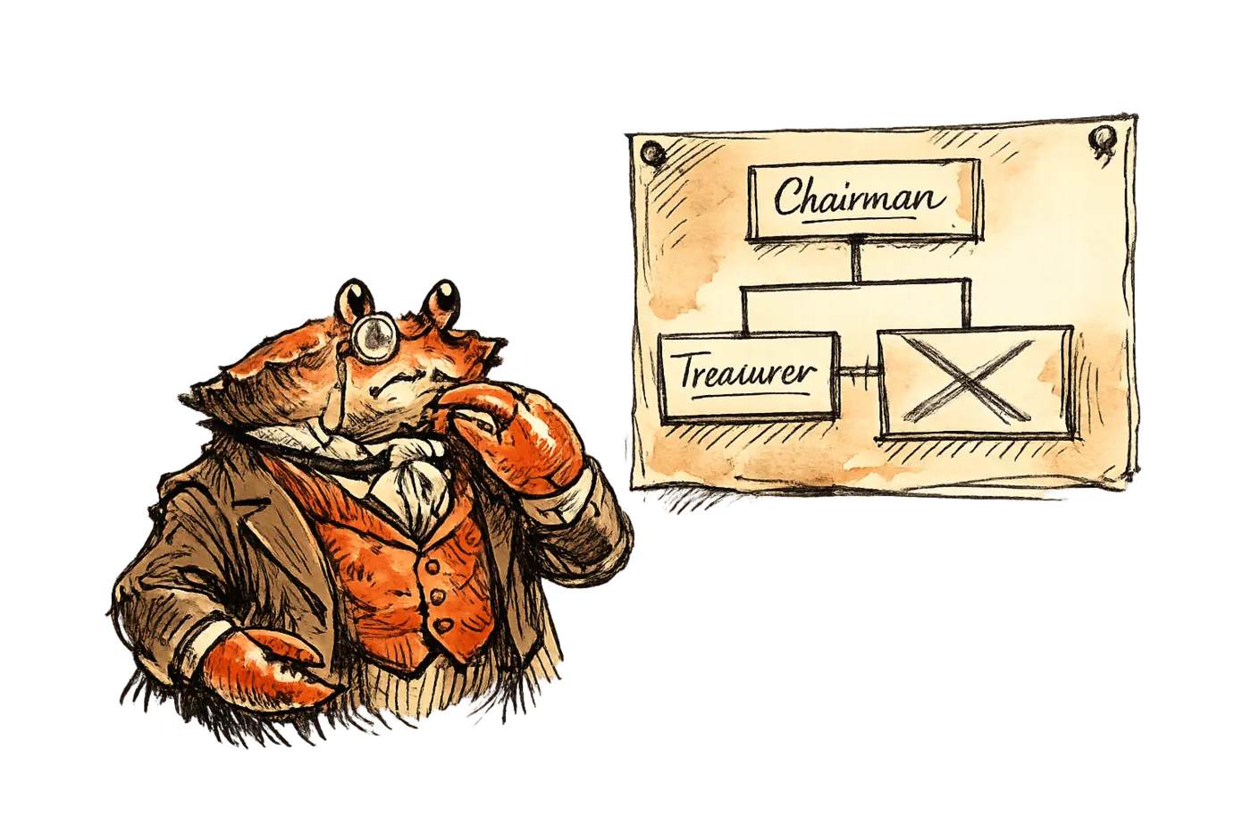 Sir John Crabstone in Victorian waistcoat examining an org chart with two filled boxes and one empty box crossed out
