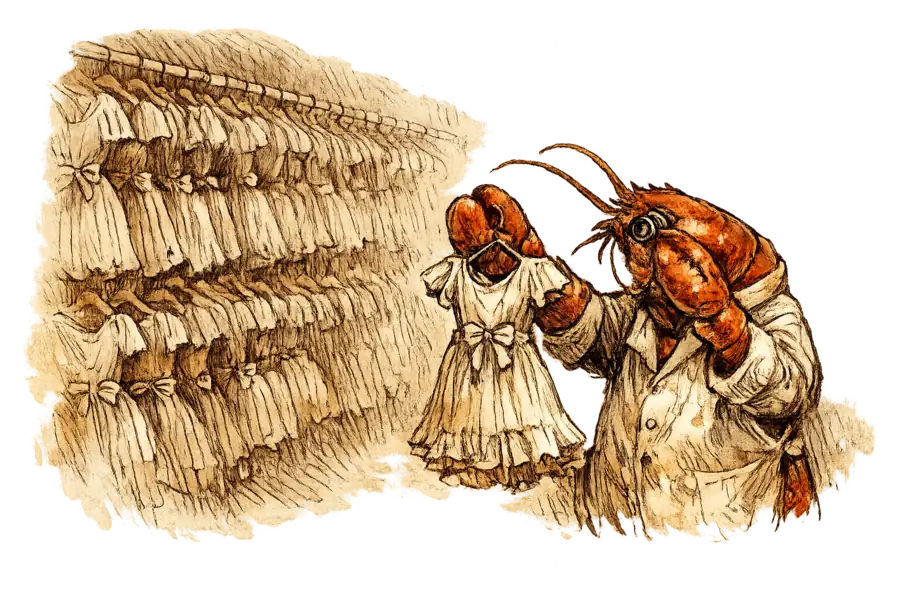 A lobster in an atelier smock holds one dress up to the light through a jeweler's loupe, ignoring a vast wall of near-identical dresses receding behind her.