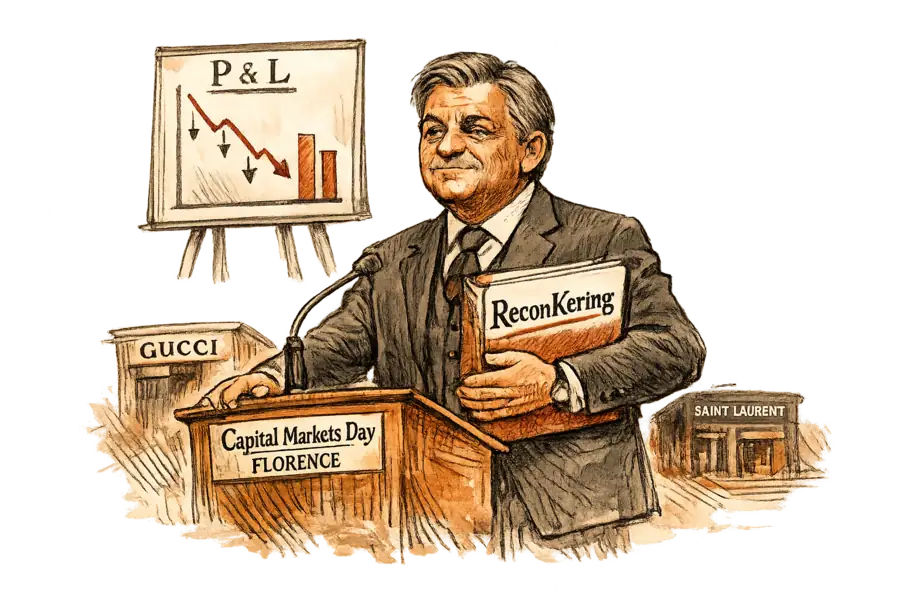 Luca de Meo at a Florence podium holding a thick operating plan while Gucci and Saint Laurent storefronts dim behind him