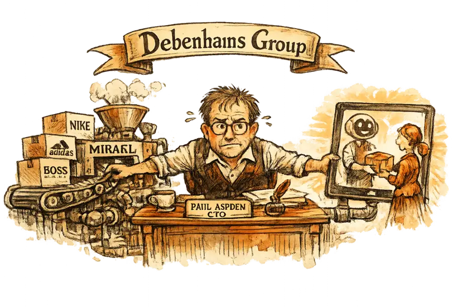 Caricature of Debenhams CTO Paul Aspden split between a Mirakl marketplace conveyor and an AI chat window.