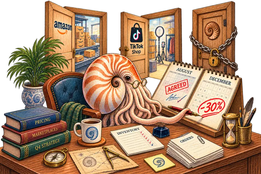 A chambered nautilus in half-moon spectacles writes a red markdown onto the December leaf of a wall calendar while the August leaf beside it is already stamped 'agreed'.