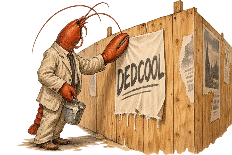 Un homard en costume de lin froissé lisse une affiche mouillée collée à la pâte à farine, portant l'inscription DEDCOOL, sur une palissade de chantier en contreplaqué, le papier gondolant sous sa pince.