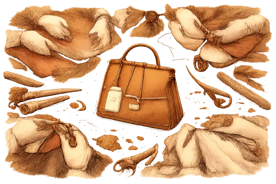 DeMellier handbag at the centre of a workshop bench surrounded by multiple pairs of artisan hands.