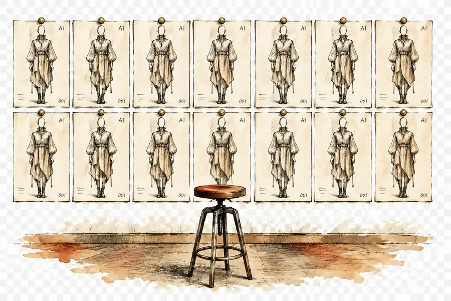 Rows of near-identical AI-generated garment sketches pinned to a critique wall, facing an empty instructor's stool.