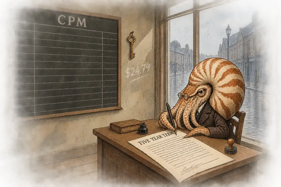 A nautilus signs a long lease in an empty shopfront while the CPM ledger board on the wall behind him has been wiped blank.
