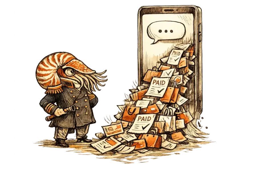 A nautilus in a naval jacket observes a giant smartphone screen displaying a single chat message, with product cards and payment confirmations cascading from the screen