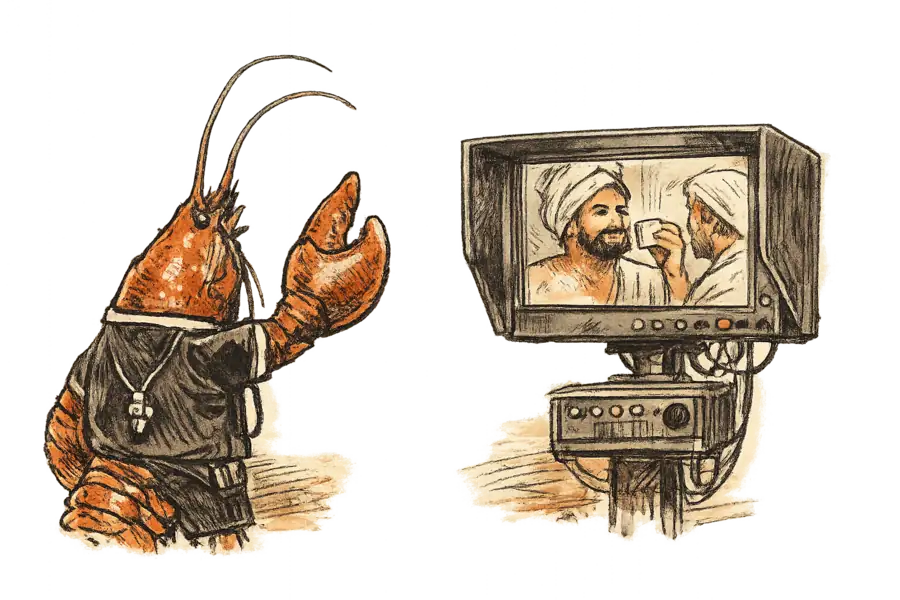 A lobster dressed as a match referee stands at a pitchside video-review monitor, studying a frozen replay of a creator holding a skincare bar to a bathroom mirror.