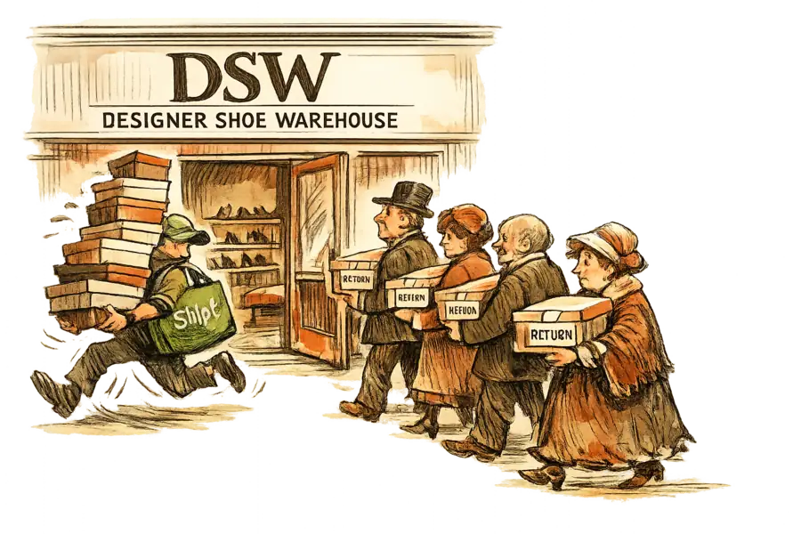 A Shipt courier carrying a tower of shoe boxes out of a DSW storefront while a longer queue of customers files back in through the same door with identical boxes to return them.
