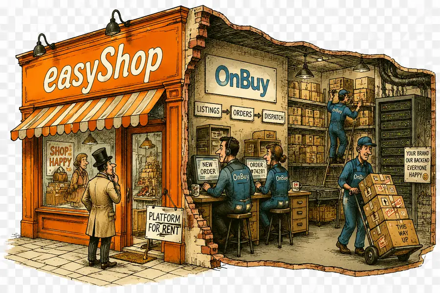 An orange 'easyShop' storefront with OnBuy staff operating the tills and stockroom hidden behind the facade.