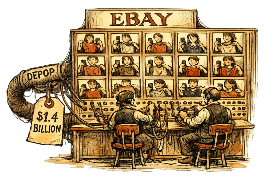 An eBay switchboard wired to a wall of screens showing young Depop sellers photographing clothes, with a $1.4 billion tag hanging from the cable trunk.