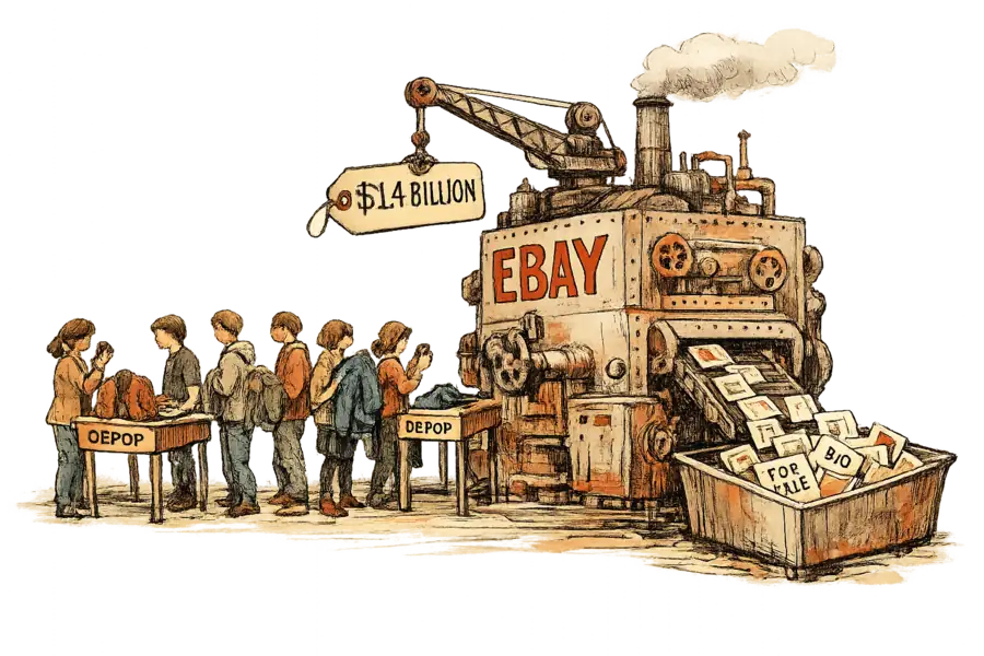 A machine lettered eBay printing listing cards, fed by a queue of young people photographing their own clothes at a table stencilled Depop, a $1.4 billion tag hanging from the machine arm.