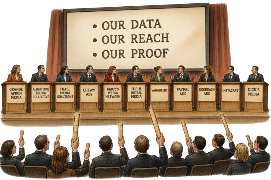 Eleven lecterns in a row on a theatre stage, each hand-lettered with a different retail media network name, all beneath one screen showing the same three bullet points, while buyers in the front row hold up measuring rulers of different lengths.
